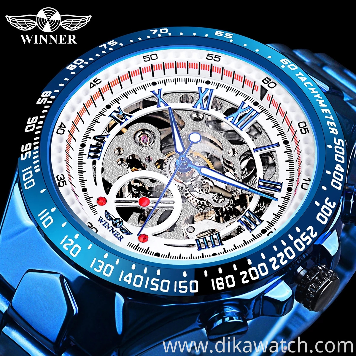 Winner New Fashion Automatic Mens Watches Luxury Mechanical Wristwatches Hollow Watch With Stainless Steel Blue Design watch